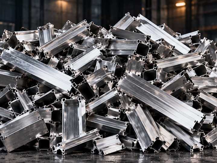 Pile of cut aluminum extrusion profile scrap