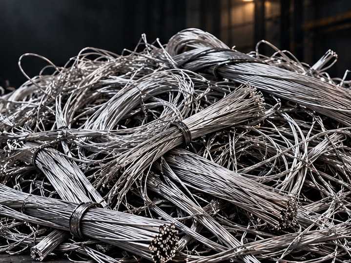 Tangled bundles of bare aluminum cable and wire scrap