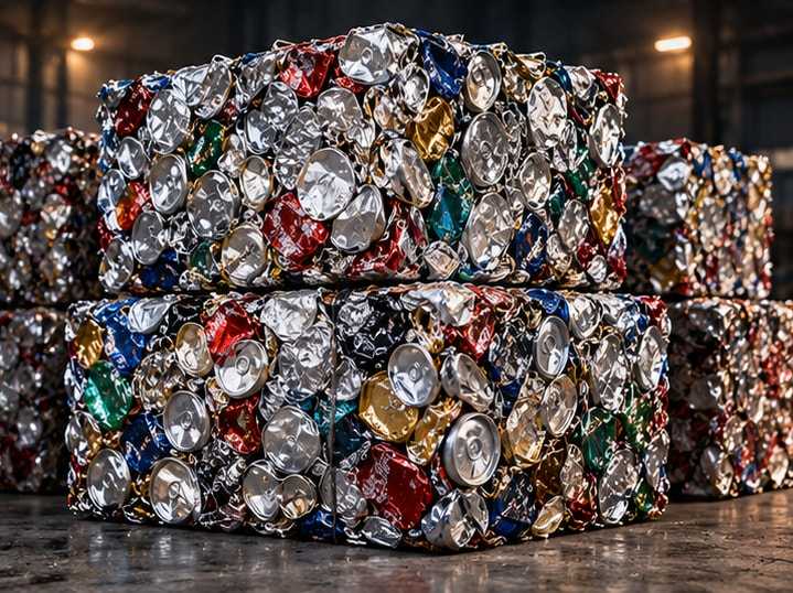 Compressed bales of used aluminum beverage cans