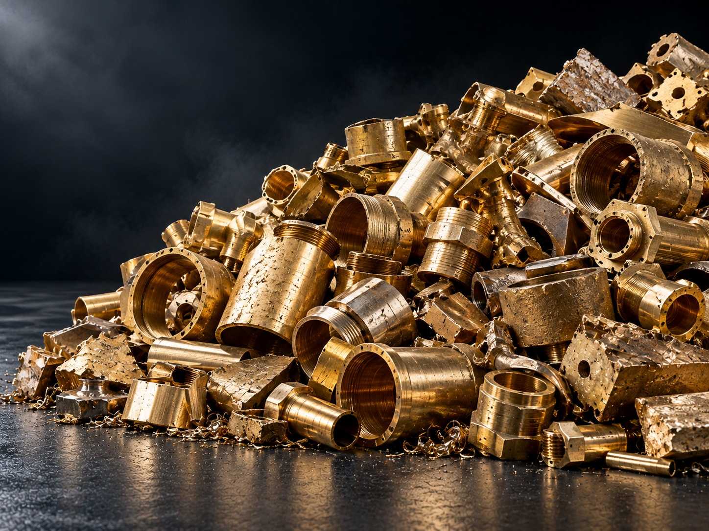 Heap of golden brass scrap including fittings, bushings and machined parts