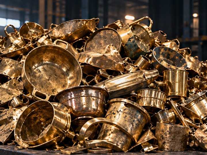 Pile of used brass bowls, pots and utensil scrap