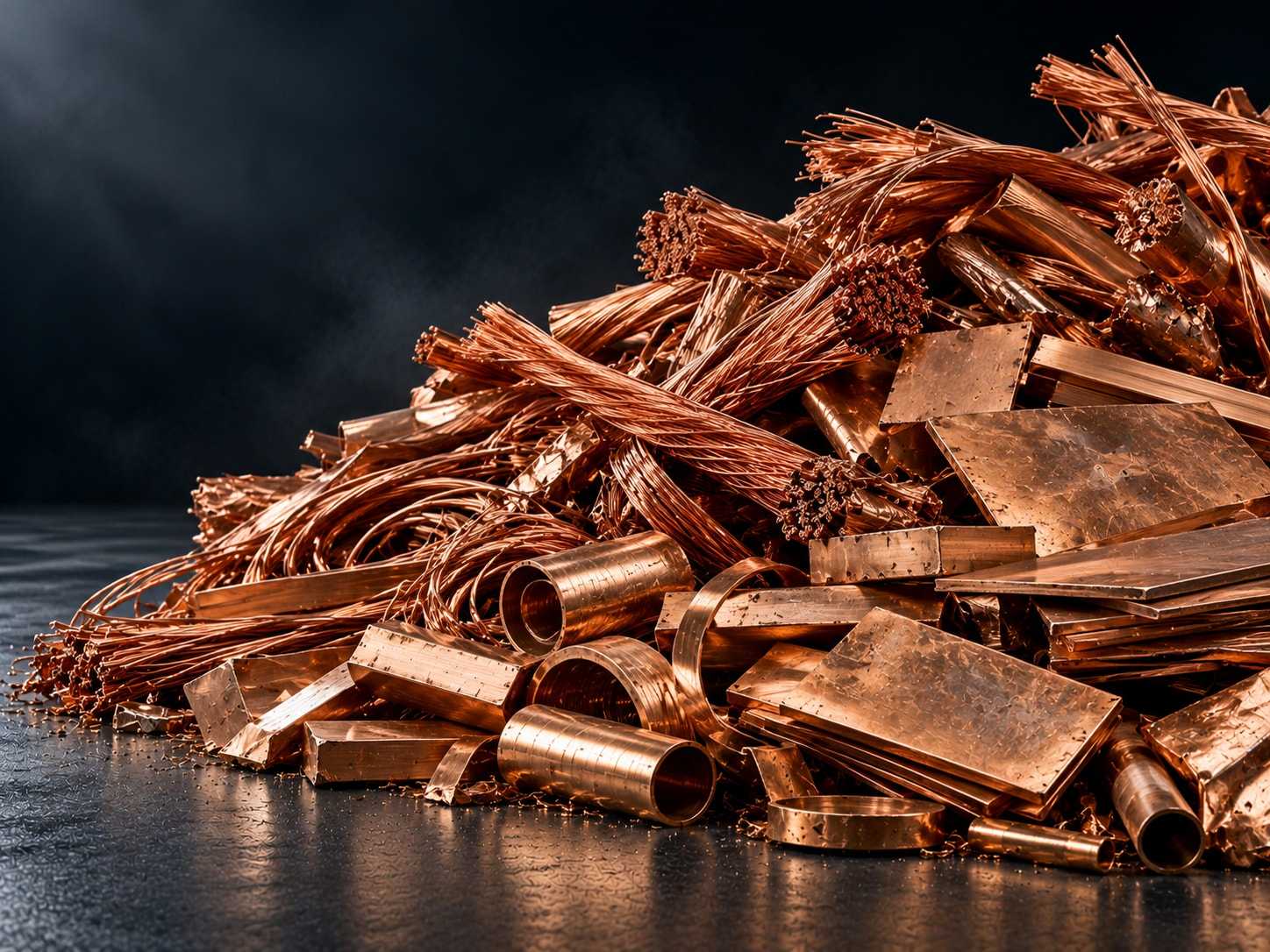 Pile of copper scrap with stripped copper wire bundles, copper sheets and pipe pieces
