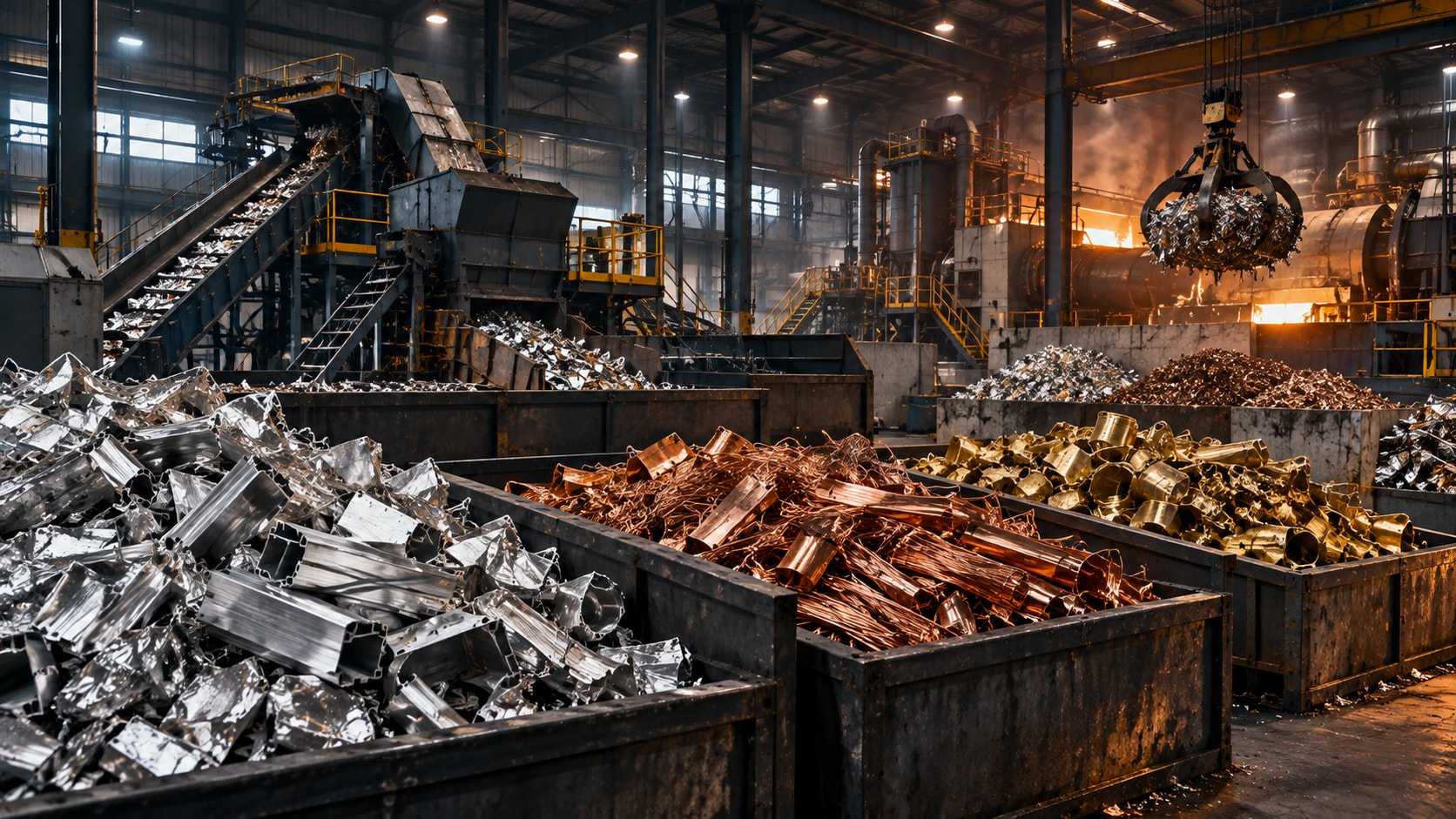 Metal processing facility with bins of sorted aluminum, brass and copper scrap