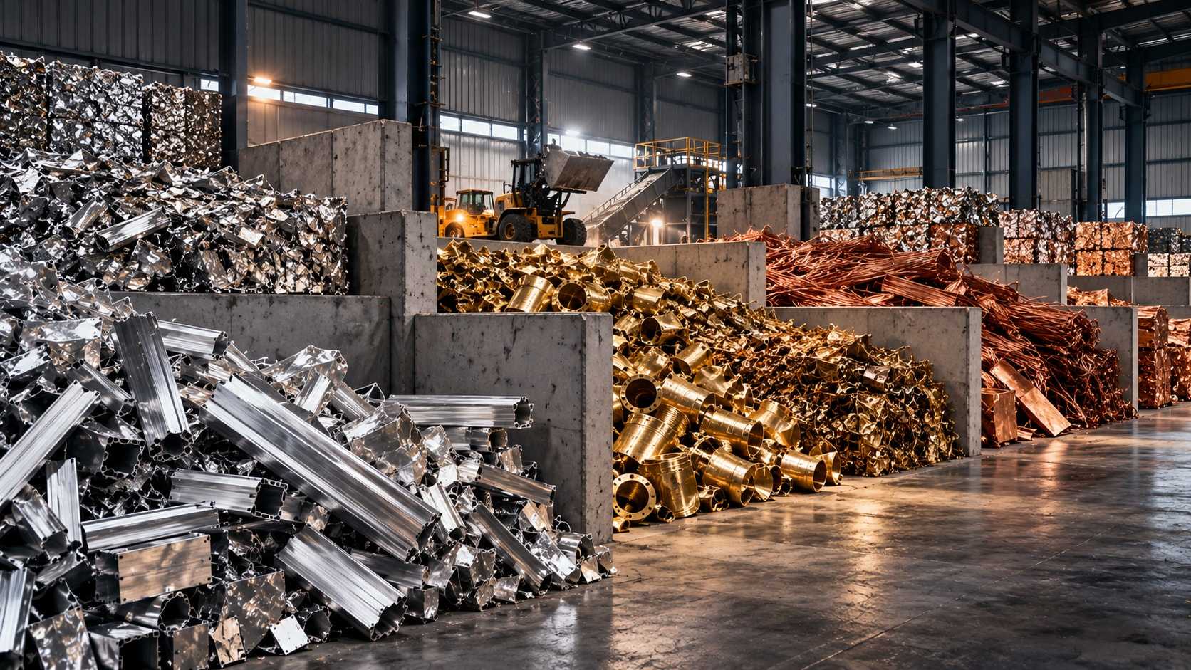 Sorted aluminum, brass and copper scrap stored in separate warehouse bays